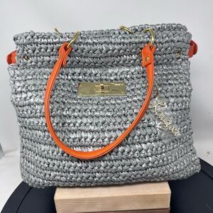 Laugoa Woven Recycled Plastic Gray Orange Faux Leather Handbag